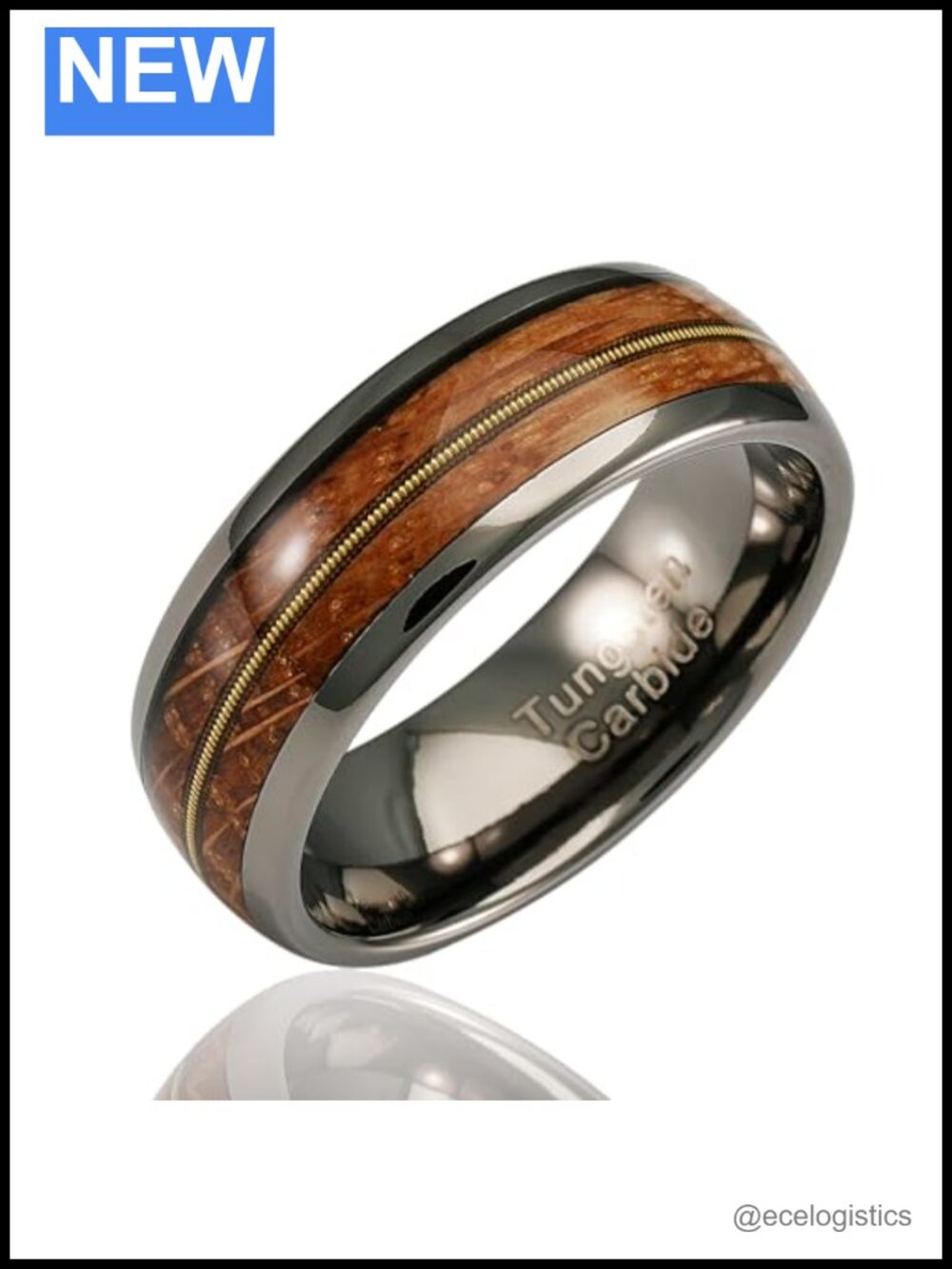 Engraved Gunmetal Tungsten Ring Men Guitar String Whiskey Barrel Inlay